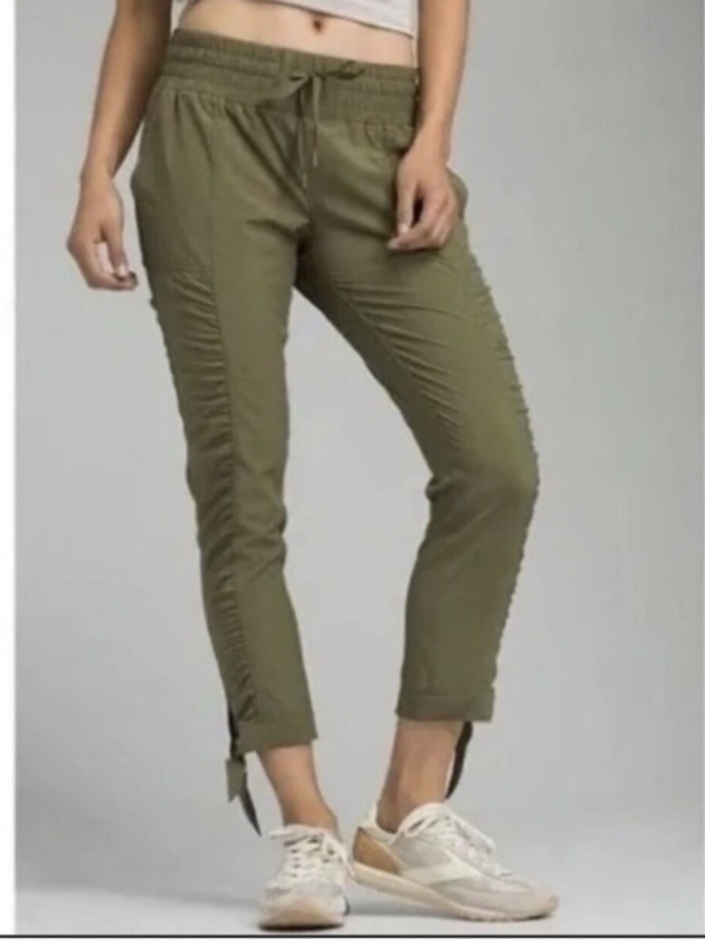 Prana Bindi Ankle tie pant pull on ruched leg Athleisure olive green XL